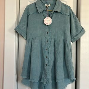 Umgee Teal Oversized Button-Up Blouse